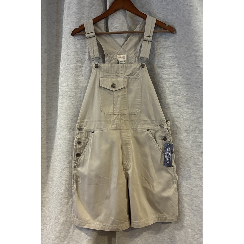 Cherokee Woman Khaki Tan Denim Shortalls Overalls Boho Festival 90s Y2K Vtg S